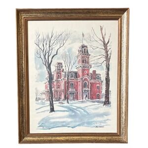 Vintage Paul Horton Water Color Print Terrace Hill Mansion Winter Framed 23.25"